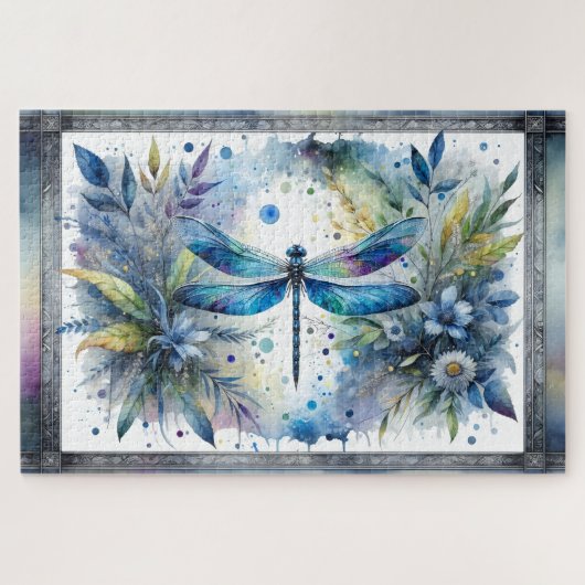 Blaue Libelle Botanische Aquarellmalerei Puzzle (Horizontal)