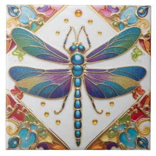 Blaue Libelle - mehrfarbiger Regenbogen farbig Fliese