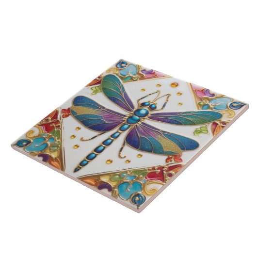 Blaue Libelle - mehrfarbiger Regenbogen farbig Fliese (Seite)