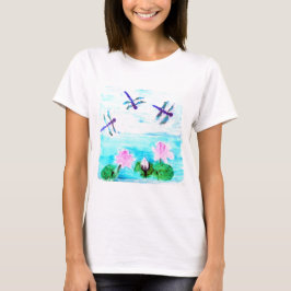 Blaue Libelle, rosa Waterlilly-Blume T-Shirt