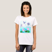 Blaue Libelle, rosa Waterlilly-Blume T-Shirt (Vorne ganz)