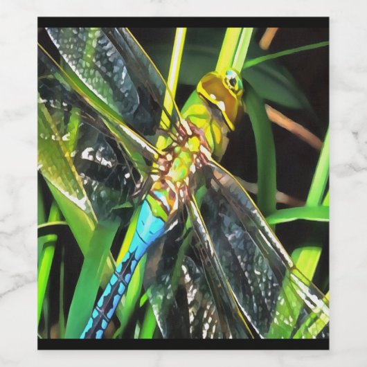Blaue Libelle schimmernde Wings Painting Weinetikett (Einzelnes Label)