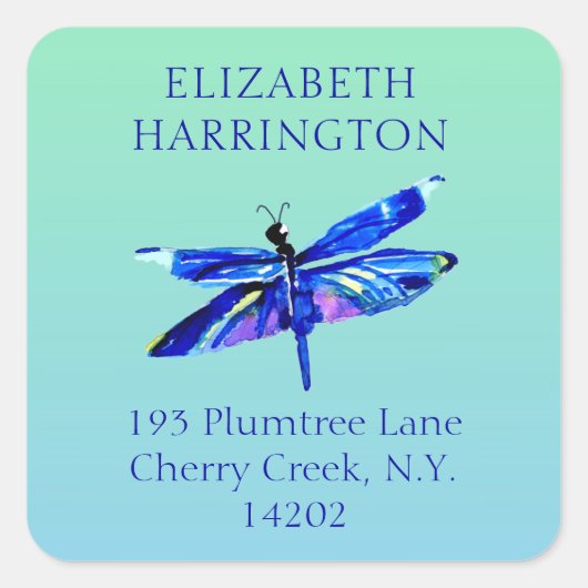 Blaue Libelle Watercolor Natur Rücksendeadresse Quadratischer Aufkleber (Vorderseite)