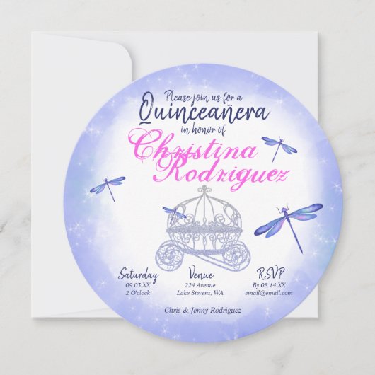 Blaue Libellen, Rosa Quinceañera Einladung (Vorderseite)