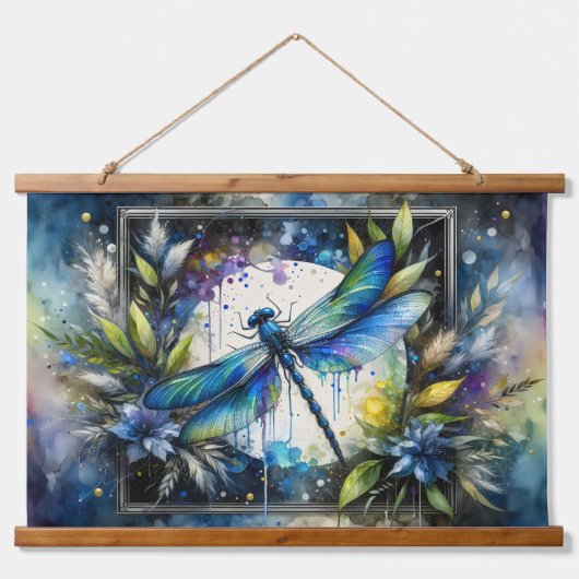 Blaue Libellen-Wasserfarben-Botanik Wandteppich Mit Holzrahmen (Vorne)
