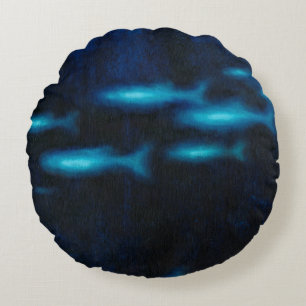 Blaue lichtdurchlässige Fisch-Silhouetten Rundes Kissen