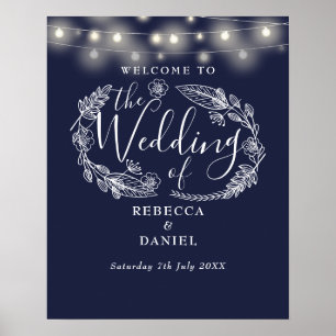 Blaue Lichterkette Hochzeit Willkommensschild Poster