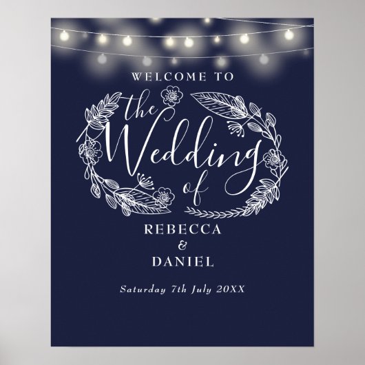 Blaue Lichterkette Hochzeit Willkommensschild Poster (Vorne)