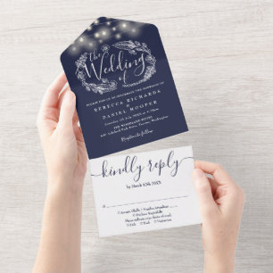 Blaue Lichterketten Hochzeit im Laubwerk All In One Einladung