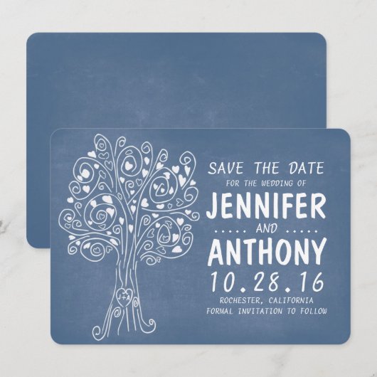 Blaue Liebe Baumherzen rustikal speichern Sie die  Save The Date (Vorne/Hinten)