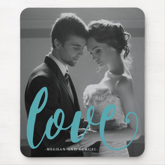 Blaue Liebe Typografie Foto und Name Mousepad (Vorne)