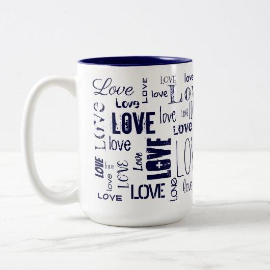 Blaue LIEBE! Typografie Zweifarbige Tasse (Links)