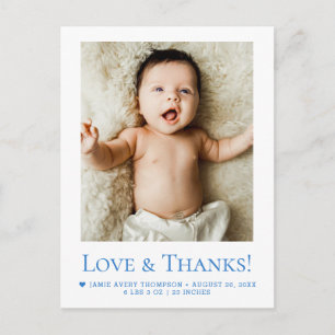 Blaue Liebe und Dank Baby Foto Geburtsanzeige Postkarte