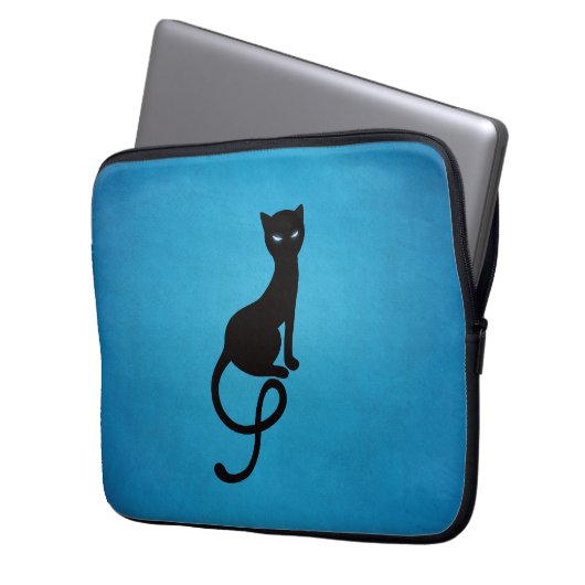 Blaue liebenswürdige schlechte schwarze Katze Laptopschutzhülle (Vorderseite Links)