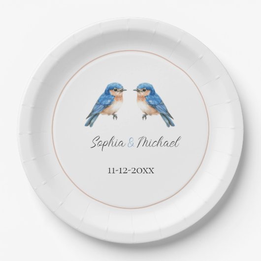 Blaue Liebesvögel Hochzeit Pappteller (Vorderseite)
