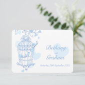 Blaue Liebesvögel öffnen Käfig Hochzeit Einladung (Stehend Vorderseite)