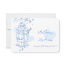 Blaue Liebesvögel öffnen Käfig Hochzeit Einladung