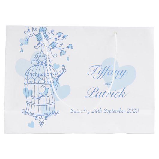 Blaue Liebesvögel öffnen Vogelkäfig Hochzeitsgesch Große Geschenktüte (Rückseite)
