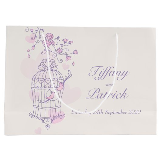 Blaue Liebesvögel öffnen Vogelkäfig Hochzeitsgesch Große Geschenktüte (Rückseite)