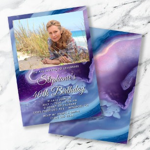 Blaue Lila Achat-Geoden-Foto-Rahmen 40. Geburtstag Einladung