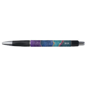 Blaue Lila Aqua Goldadern Achat Monogramm Kugelschreiber