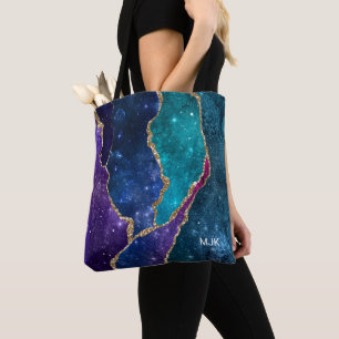 Blaue Lila Aqua Goldadern Achat Monogramm Tasche