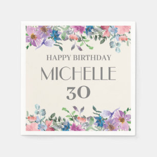 Blaue Lila Aquarell Blumen 30. Geburtstag Frauen Serviette