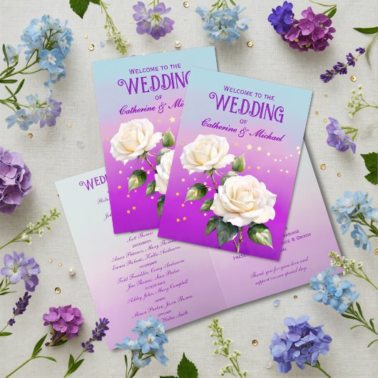 Blaue Lila Aquarell Ombre Rosen Frühlingshochzeit Programm