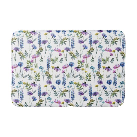 Blaue lila Aquarell-Wildblume Badematte (Vorderseite)