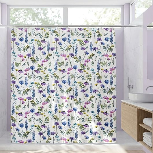 Blaue Lila Aquarell-Wildblume Duschvorhang