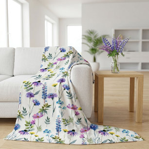 Blaue lila Aquarell-Wildblume Fleecedecke