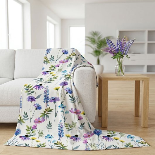 Blaue Lila Aquarell-Wildblume Fleecedecke