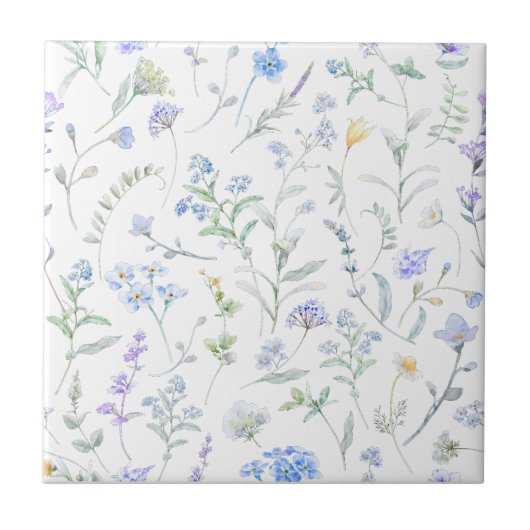 Blaue lila Aquarell-Wildblume Fliese (Vorderseite)