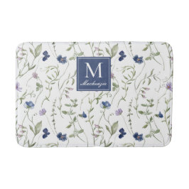 Blaue Lila Aquarell-Wildblumen-Monogramm Badematte