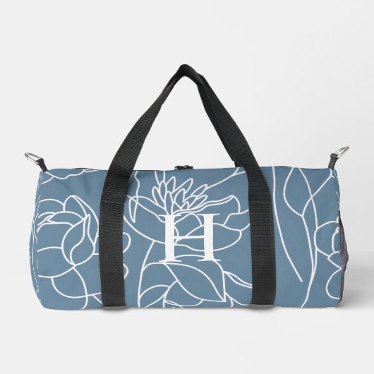 Blaue Lila Aquarell-Wildblumen-Monogramm Duffle Bag (Vorderseite)