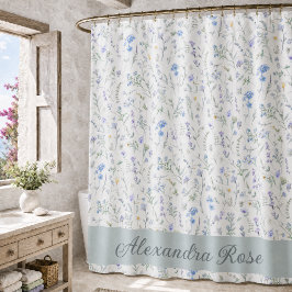 Blaue Lila Aquarell-Wildblumen-Monogramm-Name Duschvorhang