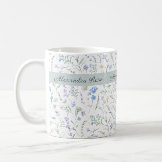 Blaue Lila Aquarell-Wildblumen-Monogramm-Name Kaffeetasse (Links)