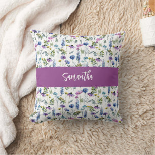 Blaue Lila Aquarell-Wildblumen-Monogramm-Name Kissen
