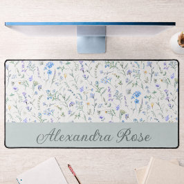 Blaue Lila Aquarell-Wildblumen-Monogramm-Name Schreibtischunterlage