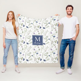 Blaue Lila Aquarell-Wildblumen-Name Fleecedecke