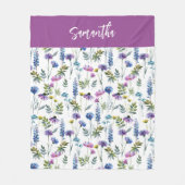 Blaue lila Aquarell-Wildblumen-Name Fleecedecke (Vorderseite)