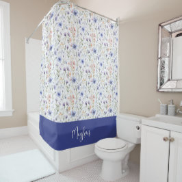 Blaue Lila Aquarell-Wildblumen-Name Monogramm Duschvorhang