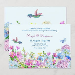 Blaue Lila Aquarellfarben Blume Blühen Hochzeit Einladung