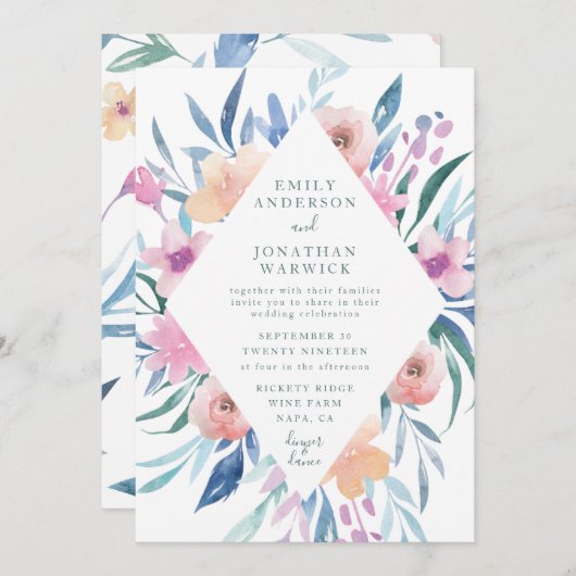 Blaue Lila Aquarellfarben Blume Hochzeitsfeiern Einladung (Vorne/Hinten)