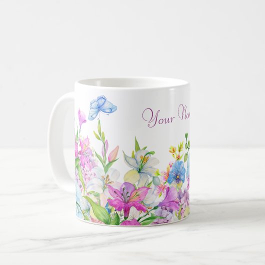 Blaue Lila Blume Kaffeetasse (Vorderseite Links)