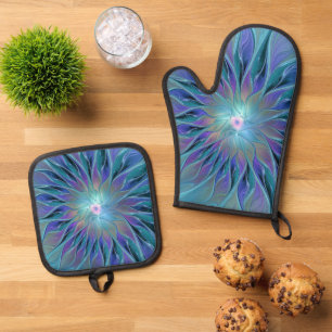 Blaue Lila Blume Traumstrecke Airolo - Fraktal Ofenhandschuh & Topflappen-Set