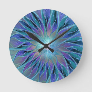 Blaue Lila Blume Traumstrecke Airolo - Fraktal Runde Wanduhr