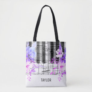 blaue lila Blumen Noten Klavier Tasche