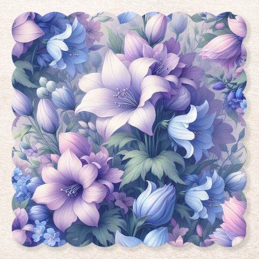 Blaue & Lila-Blumen-Papier-Getränkeuntersetzer – M Untersetzer (Vorderseite)
