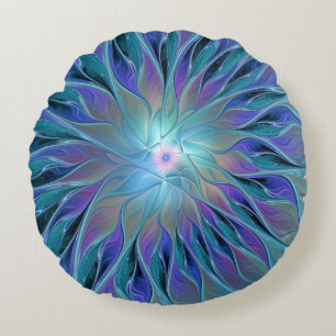 Blaue Lila-Blumen-Traum-Abstrakte Fractal-Kunst Rundes Kissen